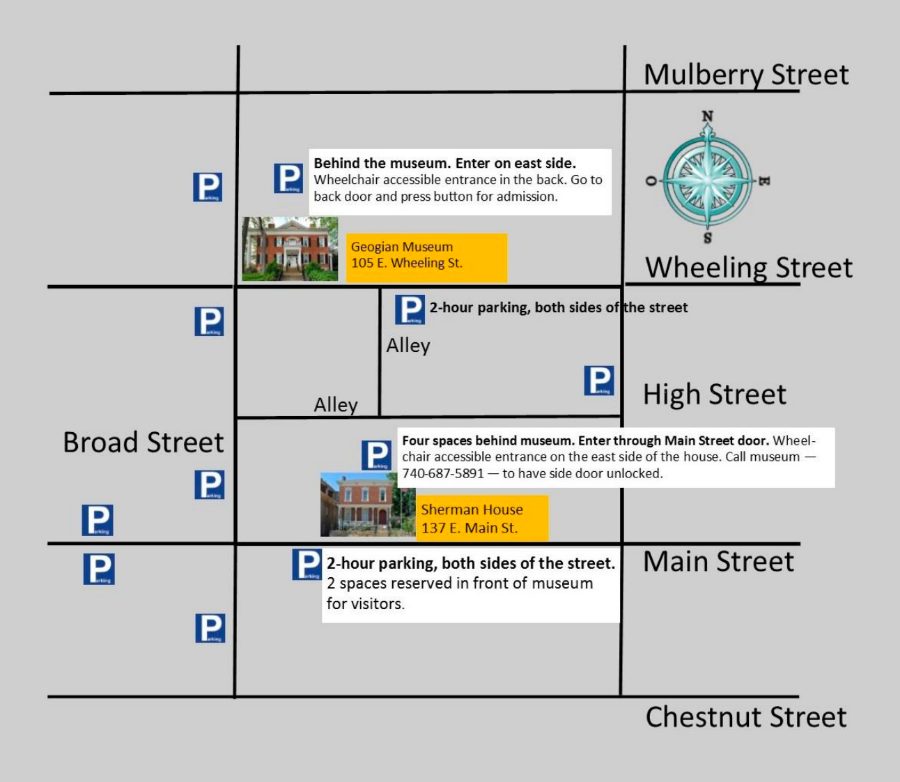 Street map of downtown Lancaster showing parking for both museums, bounded by Mulberry, Broad, Chestnut and High streets. The parking rules shown on the map are listed above.
