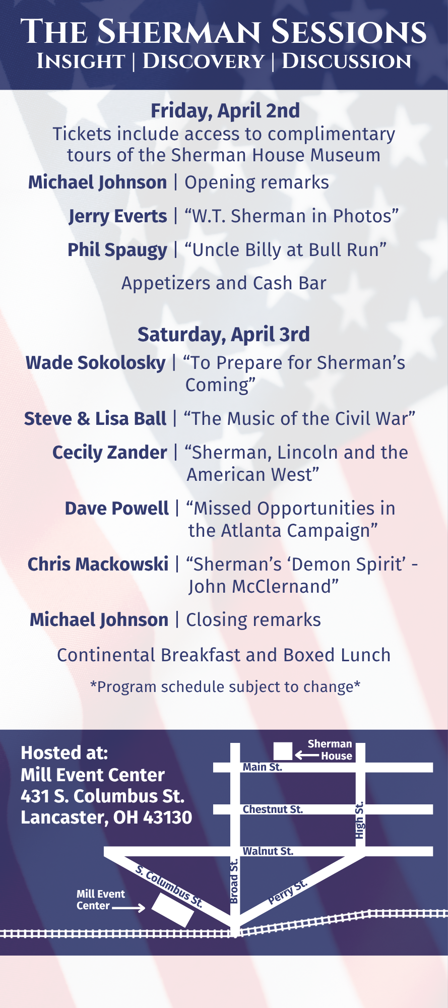 Symposium schedule and map: the Mill Event Center at 431 S. Columbus St., Lancaster, Ohio, south of Main Street and the Sherman House